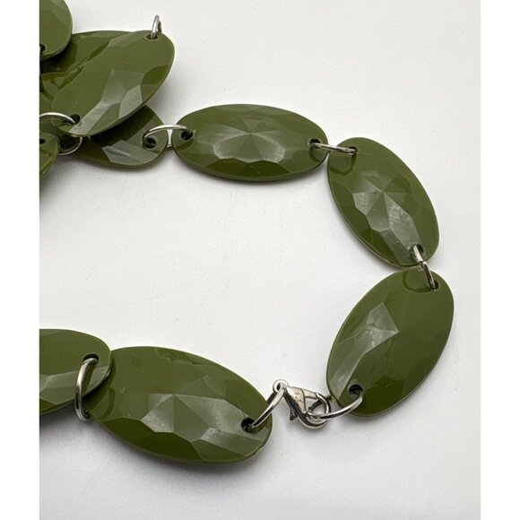 Vintage Olive Green Beaded Necklace Faceted Oval Beads Silver Tone Long 44 Inch - Picture 6 of 8